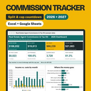 May include: A digital real estate agent commission tracker spreadsheet displayed on a screen. The interface shows a 2026 dashboard with financial metrics, including gross income, total costs, net profit, tax set-aside, and monthly income vs. costs charts.