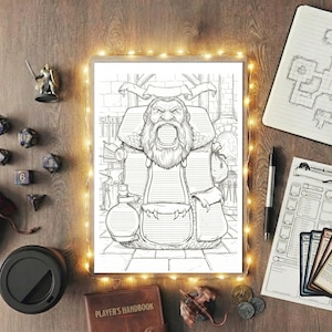 May include: An illuminated illustration of a fantasy character with a long beard, surrounded by dice, a miniature figurine, a notebook with a map, and a player's handbook. A coffee cup and a small velvet bag are also present.