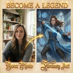 Könnte beinhalten: Ein Bild mit dem Text „WERDE ZUR LEGENDE“. Es zeigt ein Foto einer Frau, die sich in Fantasy-Kunst verwandelt. Die Fantasy-Kunst zeigt eine Frau in blauer Rüstung, die ein leuchtendes Schwert hält. Die Wörter „Ihr Foto“ und „Fantasy Art“ sind ebenfalls vorhanden.