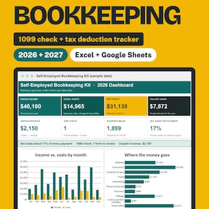 Puede incluir: Un kit de contabilidad digital para trabajadores autónomos para 2026 y 2027, compatible con Excel y Google Sheets. El panel muestra métricas financieras que incluyen ingresos brutos, costos totales, beneficio neto e impuestos.