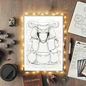 Può includere: Illustrazione in bianco e nero di una creatura fantasy cornuta, circondata da accessori di Dungeons and Dragons. Include dadi, una miniatura, un taccuino con una mappa, schede dei personaggi e un manuale del giocatore.