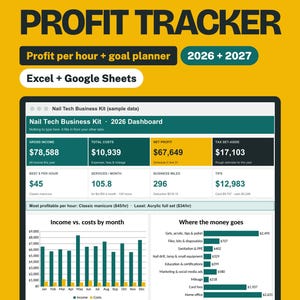 Pode incluir: Um rastreador de lucros digital para técnicos de unhas para 2026 e 2027, compatível com Excel e Google Sheets. O painel exibe dados financeiros, incluindo receita bruta, custos totais, lucro líquido, impostos e gráficos mensais.