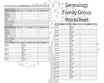 May include: A black and white genealogy family group worksheet with sections for husband's information, wife's information, and children's information. Each section includes columns for name, spouse, birth date, marriage date, death date, and location.