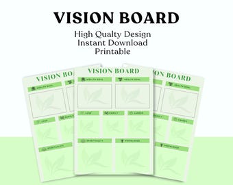May include: Three printable vision board templates with a light green and white design. Each board features sections for goals related to wealth, health, love, family, career, spirituality, and knowledge. The text "VISION BOARD" is at the top.