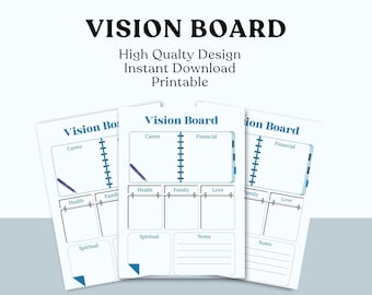 May include: Three white Vision Board printables with blue accents. The top text reads "VISION BOARD" and "High Quality Design Instant Download Printable". Each board has sections for career, health, family, love, and notes.
