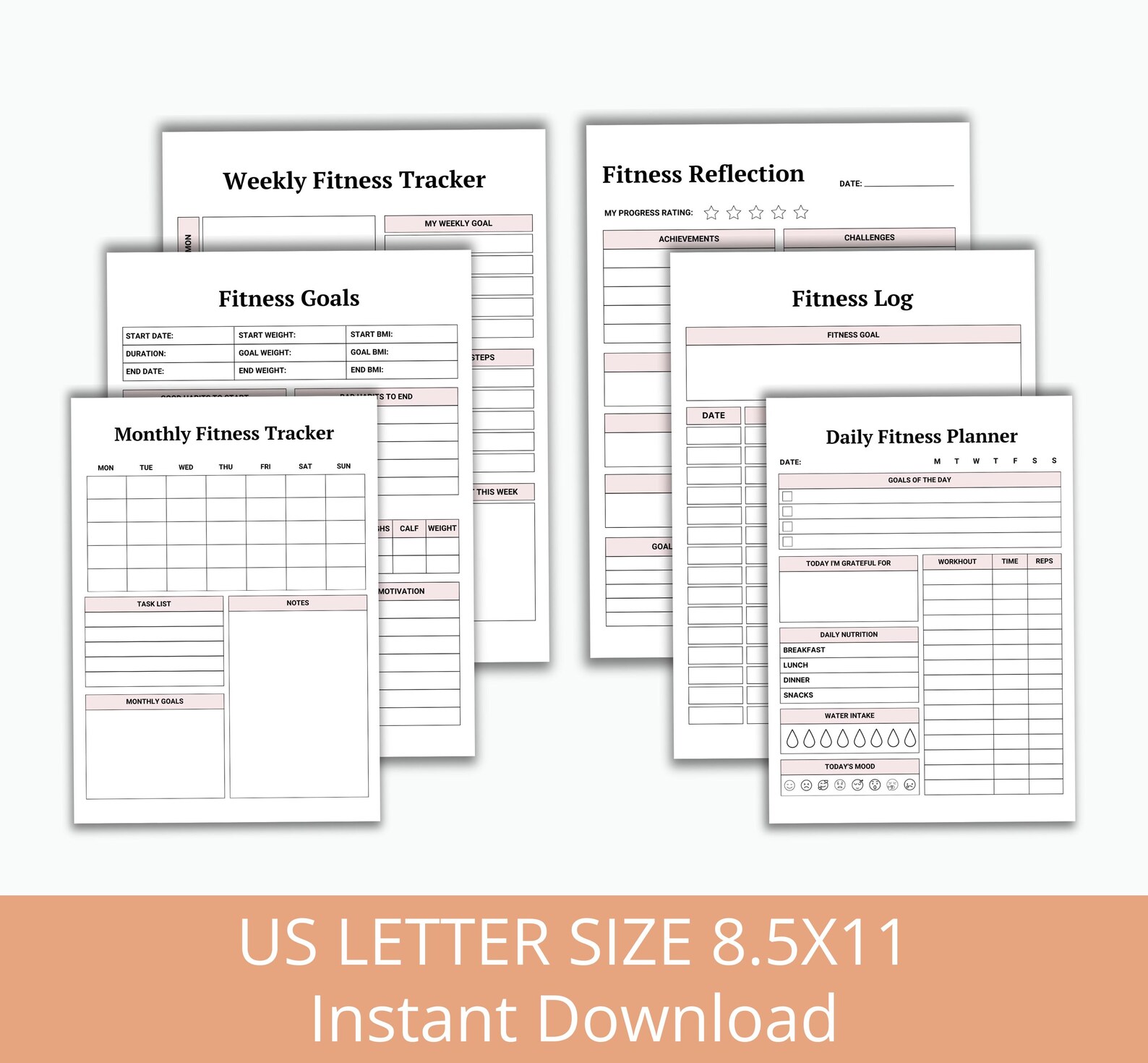 Printable Fitness & Meal Planner, Minimalist Wellness Journal, Workout Log, Monthly Habit Sleep ...