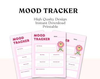 May include: Pink mood tracker printable with the text "MOOD TRACKER". The design includes a flower graphic and spaces to record daily feelings and reflections. The text "High Quality Design, Instant Download, Printable" is also included.