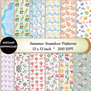 Seamless Pattern Summer - 12 Watercolor Patterns, 300 DPI Images, Commercial Use , Digital Download for Crafts & POD,Printable Paper