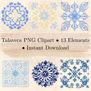 Talavera Clipart Set – Watercolor Mexican Tile PNGs – Printable Folk Art for Sublimation, Crafts, Invitations & DIY Gifts – Instant Download