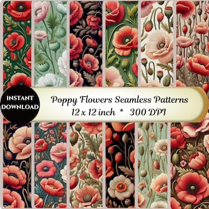 Seamless Pattern Poppy Flowers Fabric,Floral Digital Paper,Printable Fabric Sheets,Scrapbooking ,Junk Journal Supplies ,Digital Download