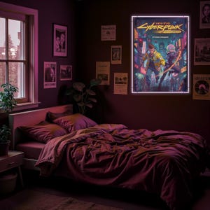 May include: A bedroom featuring a bed with burgundy bedding. A framed poster of "Cyberpunk: Edgerunners" is mounted on the wall. The room includes a window, side table, and several framed posters. The walls are painted a dark purple.