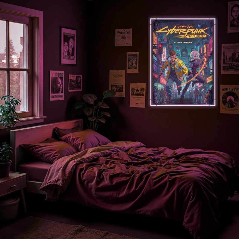May include: A bedroom featuring a bed with burgundy bedding. A framed poster of "Cyberpunk: Edgerunners" is mounted on the wall. The room includes a window, side table, and several framed posters. The walls are painted a dark purple.