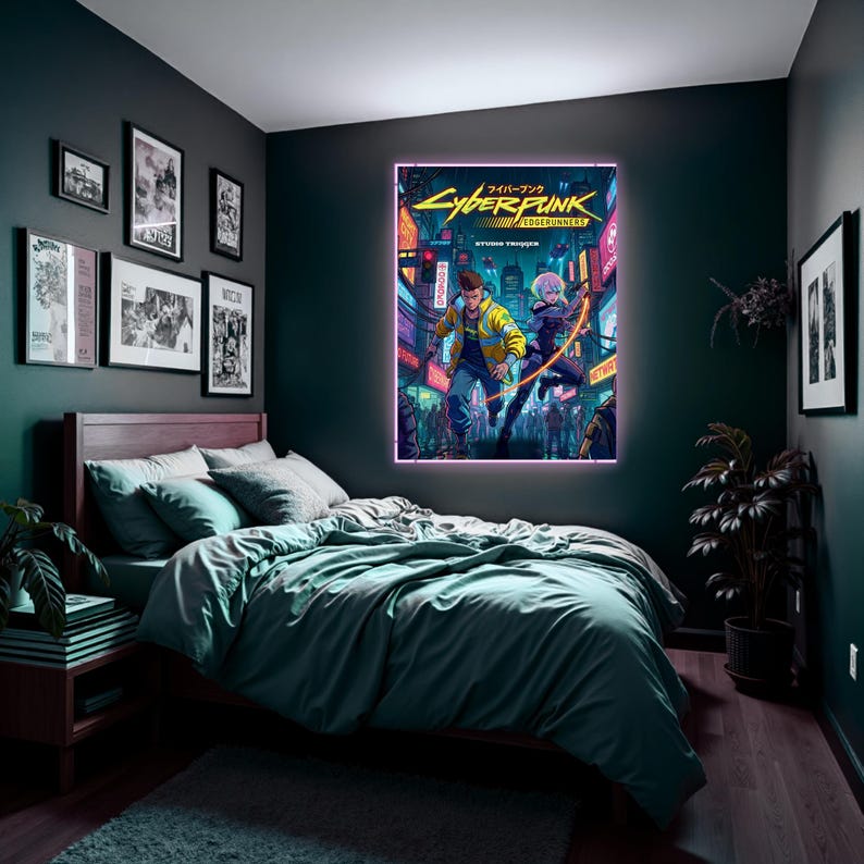 May include: A bedroom with a Cyberpunk: Edgerunners poster with a neon border above a bed with teal bedding. The poster shows two characters in a futuristic city. Other framed artwork is on the walls, creating a themed interior.