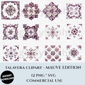 Watercolor Talavera Clipart Bundle: Mauve Floral Graphics (PNG & SVG Digital Download