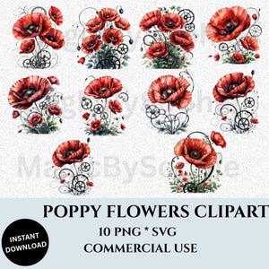 Watercolor Poppy Clipart Bundle: Red Flowers PNG & SVG (Digital Download, Commercial Use)