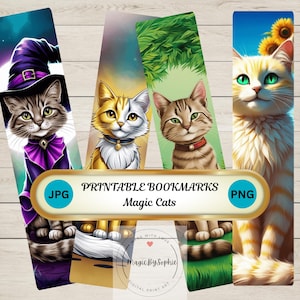 Bundel met afdrukbare bladwijzers Magic Cats, scrapbooking, levering van ongewenste tijdschriften, digitale download, bladwijzerontwerpen, png en jpg, sublimatie, printen en knippen