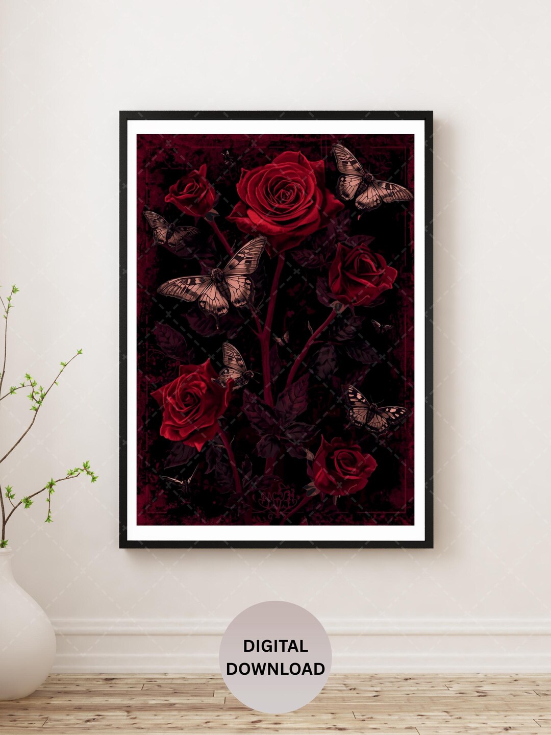 Gothic Red Rose Poster, Dark Floral Moth Botanical Printable Wall Art ...