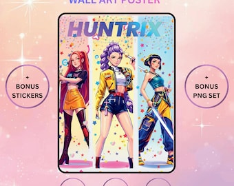 Kpop Demon Hunters Wall Art Print + Bonus PNG and Stickers, Huntrix Poster Girls Room Decor