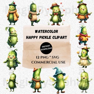 Watercolor Happy Pickle Clipart - 12 Funny Dill Cucumber PNG & SVG Designs, Kawaii Vegetable Cratfs,Commercial Use Digital Download