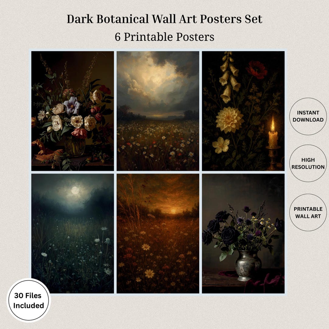 Dark Botanical Wall Art Bundle, Moody Floral Dark Academia Decor ...
