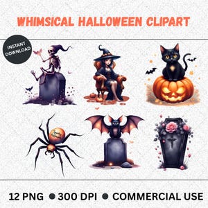 Zestaw klipartów na Halloween, zabawne, urocze, upiorne elementy PNG i SVG do rękodzieła, natychmiastowe pobranie do użytku komercyjnego, idealny prezent na Halloween
