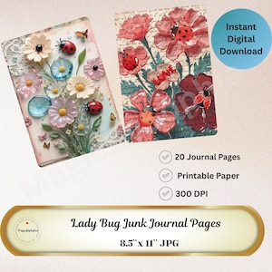 Ladybug Junk Journal - 20 Printable Pages,Vintage Glass Flowers Scrapbook Paper Kit, Digital Download,Scrapbooking Supplies,Decorative Paper