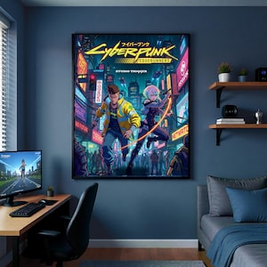 May include: A framed Cyberpunk: Edgerunners poster. The artwork depicts two characters in a futuristic city with neon signs. The poster includes the text "Cyberpunk Edgerunners" and "Studio Trigger".