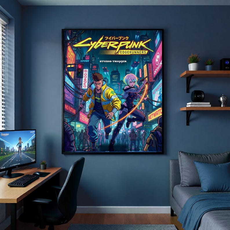 May include: A framed Cyberpunk: Edgerunners poster. The artwork depicts two characters in a futuristic city with neon signs. The poster includes the text "Cyberpunk Edgerunners" and "Studio Trigger".