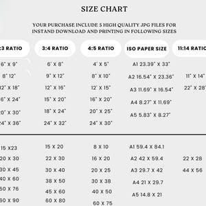 May include: A size chart showing print sizes in inches and centimetres. Sizes include 6" x 9", 8" x 12", 12" x 18", 16" x 24", 20" x 30", and 24" x 36" for the 2:3 ratio, plus other ratios and ISO paper sizes.