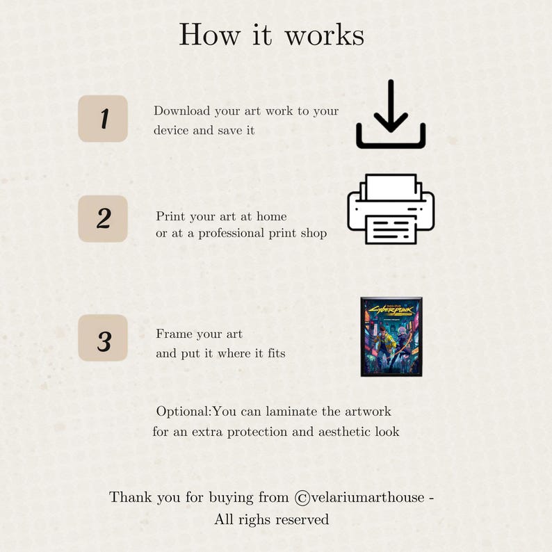 May include: An infographic titled "How it works" with numbered steps. The steps describe downloading, printing, and framing artwork. A Cyberpunk 2077 art print is shown. Text includes "Thank you for buying from @velariumarthouse - All rights reserved."
