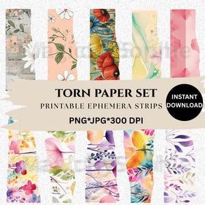 Torn Paper Vintage Strips,Ephemera Pack for Scrapbooking, Junk Journal & Crafting Supplies, PNG-JPG Digital Scrapbook Kit, Instant Download