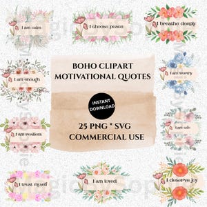 Boho Clipart - 25 PNG & SVG Motivational Quotes Watercolor,Vintage Ephemera,Commercial Use,Digital Download,Journal Supplies,Junk Journal