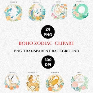Boho Zodiac Clipart, Vintage Horoscope Signs, Digital Download, Astrology PNG Transparent Background,Retro Celestial Astrologic Star Sign