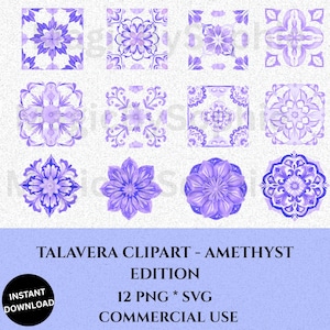 Amethyst Talavera Clipart Bundle: Watercolor PNG & SVG Graphics (Digital Download