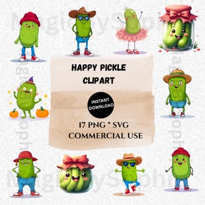 Happy Pickle Clipart - 17 Cute Cucumber PNG & SVG Designs, Kawaii Vegetable Art for Kids, Commercial Use Digital Download,Craft Supplies