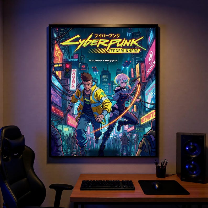May include: A framed poster for Cyberpunk: Edgerunners. The image shows two characters in a futuristic city with neon signs and Japanese text. The colour scheme includes yellow, blue, and purple.