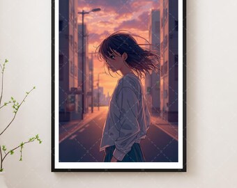 Anime Sunset Cityscape Art Print, Slice-of-Life Illustration, Classic Cinematic Urban Scene Printable Poster (Digital Download)