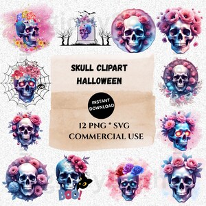 Halloween Skull Clipart - 12 Watercolor PNG & SVG Bundle Spooky Season Art, Digital Download for DIY Crafts,Commercial Use,Craft Supplies