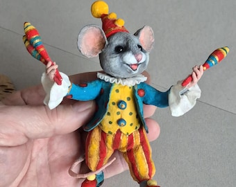 Adorno de ratón malabarista de circo: payaso vintage hecho a mano, figura artesanal coleccionable