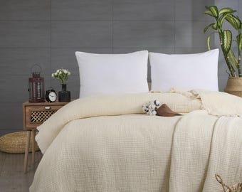 Trapunta in mussola di cotone biologico fatta a mano: coperta matrimoniale a 8 strati.