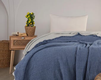Muslin Cotton Throw Blanket: 4-Layer Gauze Boho Bed Cover. Organic Cotton.