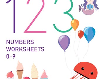 Number worksheets, learning to write numbers, numbers, preschool, elementary school, digital printable, number tracing, mermaid, unicorn