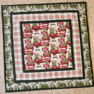 Christmas Quilted Table Topper - Vintage Style Truck Table Topper, Holiday Quilted Mat, Christmas Tree Table Quilt