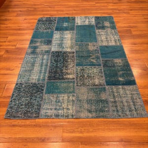 Vintage Turkish Rug, 5.6x7.9 ft Oushak Rug, Blue Patchwork Rug, Antique Rug, 6x8 ft Bedroom Rug, 6x8 Kitchen Rug, Bohemian Rug, Oriental Rug