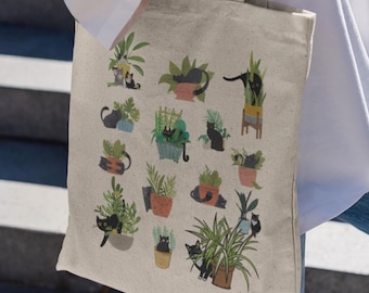 Bolsa de tela con diseño de gatos y plantas: un regalo para los amantes de los gatos