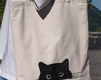 黒猫グラフィックトートバッグ：猫好きへの面白いギフト、コットン