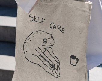 Self Care Frog Graphic Tote Bag: 100% Cotton Canvas Bags