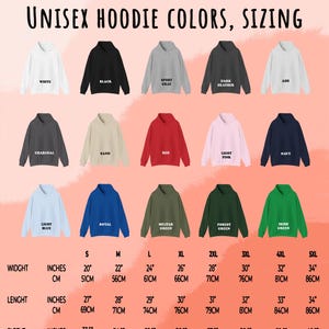 May include: Unisex hoodie sizing chart with color swatches and measurements in inches and centimeters. The chart shows sizes from small to 5XL with corresponding width, length, sleeve length, and top fit chest measurements.