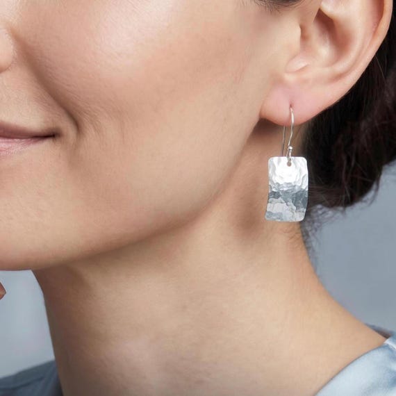 Hammered Argentium Silver Drop Earrings, Minimalist Hypoallergenic and Tarnish Resistant Jewelry Gift for Women