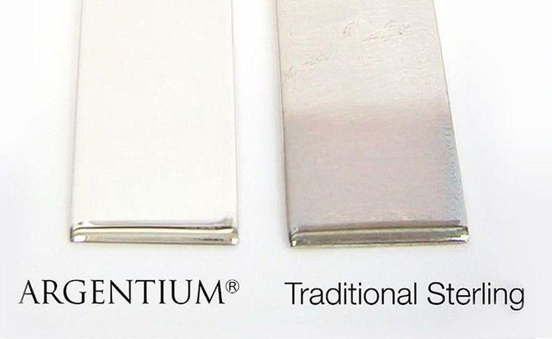 May include: Two rectangular metal strips placed side by side. The left strip is labeled ARGENTIUM and appears bright and reflective. The right strip is labeled Traditional Sterling and has a slightly darker, muted metallic finish.